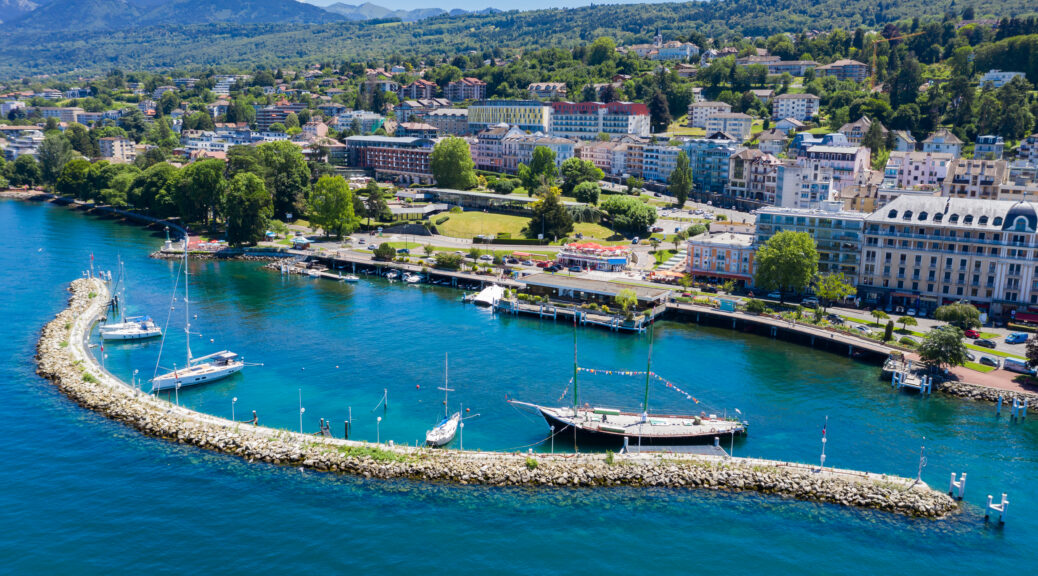 Aerial view of Evian (Evian-Les-Bains) city in Haute-Savoie in France